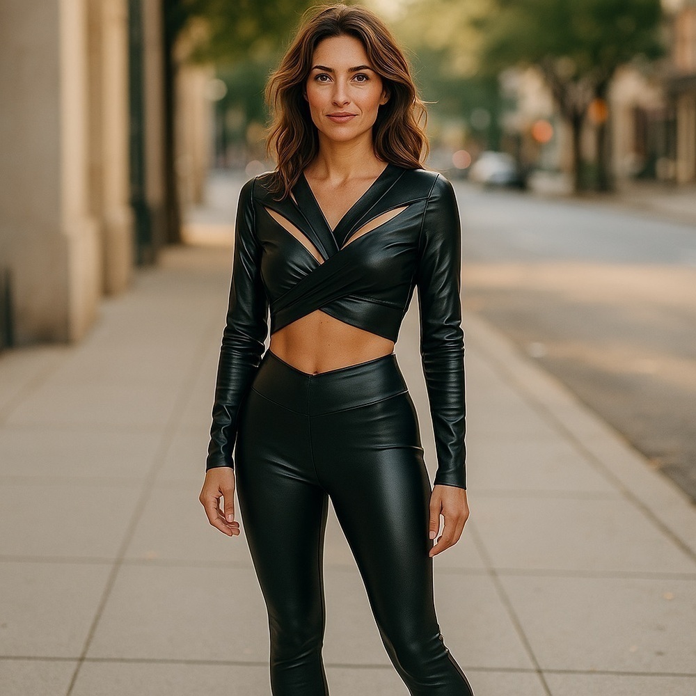 NWOT Faux Leather Black High-Waist Leggings & Cutout Crop Top Set - Women